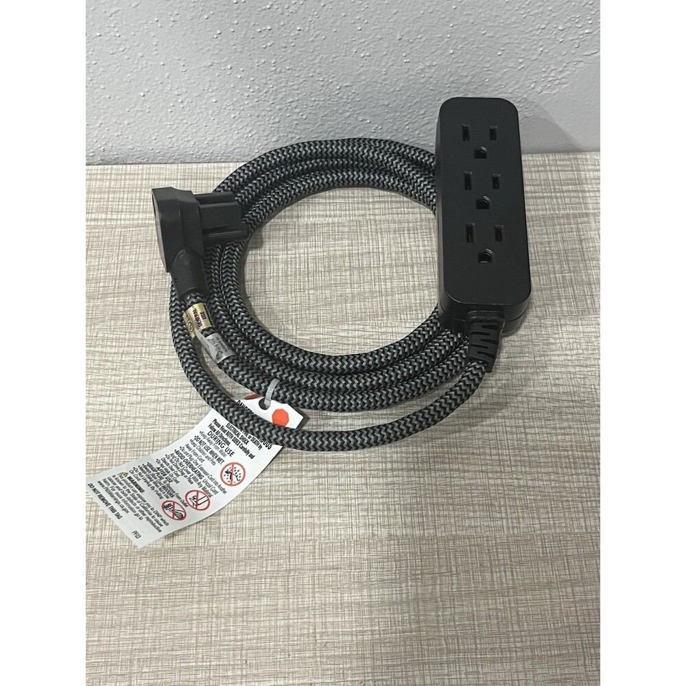 GE Pro 3 Outlet Extension Cord 8 Ft Braided Fabric 13A 1625W Flat Plug Gray NEW